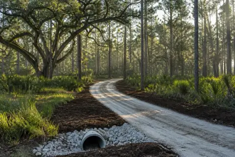 Fresh sand two-track driveway curving through palmetto and slash pine woods with mulched shoulders and a new culvert at the entrance