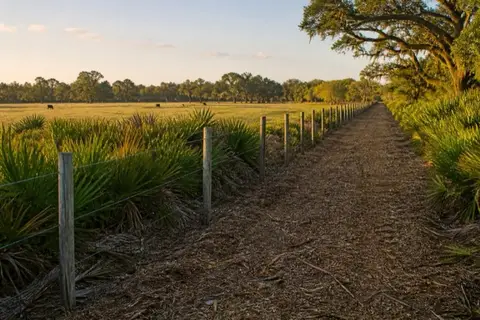 Freshly mulched straight corridor along a west Flagler County ranch fence with old wire and posts visible again and pasture beyond
