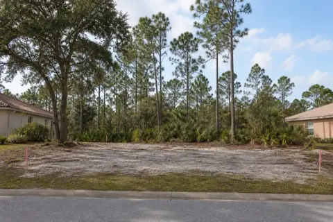 Quarter-acre Palm Coast lot half cleared to pale sand with survey stakes flagged pink, the rear half still standing in slash pine and palmetto