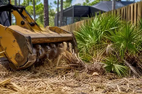 Mulcher teeth cutting into a thick stand of saw palmetto at a backyard fence line with shredded fronds and sandy root crowns in the foreground