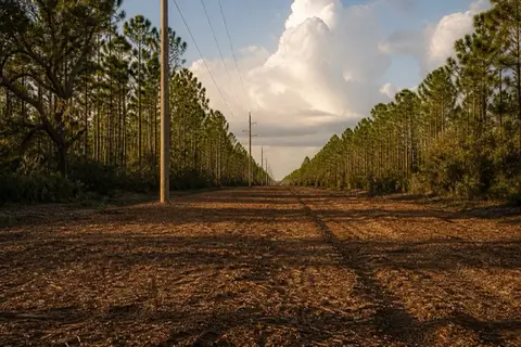 Long freshly mulched utility easement running between pine walls toward a flat horizon with power poles marching down the corridor