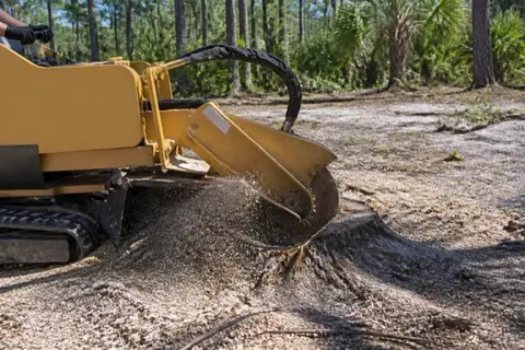 Stump grinder wheel cutting into a fresh slash pine stump on a cleared Palm Coast homesite with chips spraying over pale sand